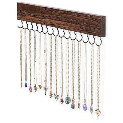 Lolalet Wooden Necklace Holder for Wall with 15 Hooks -Brown | Wall Mount Jewelry Hangers for Necklaces, Chains, Bracelets and Earrings, Tangle-free, Easy to Install