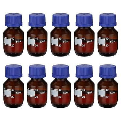 PATIKIL 10 Pack Reagent Media Storage Bottles, 50ml Borosilicate Glass Graduated Round Bottles with GL32 Blue Screw Cap for Lab Water Reagent Liquids, Amber