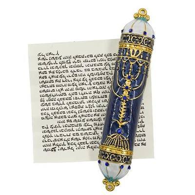 Mezuzah with Scroll for Door, Enamel&Zinc Alloy Blessing Mezuzah Case for Door, Colored Painted Mezuzha Scroll Kosher for Jewish Gifts/Jewish Decor, Christmas (Blue, 5 * 0.86 in)