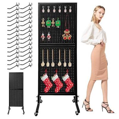 Royxen Large Standing Pegboard Display with T-Base, 2 x 5.4 Feet Metal Pegboard Display Stand with 30 Hooks, Peg Board Panels with Wheels for Vendors, Home and Retail Store (Black)