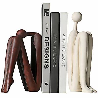 Resin Book Ends, Abstract Thinker Modern Minimalist Decorative Sculpture Bookends, Non-Slip Heavy Duty Bookends for Shelves for Home Office Shelves Desk, Set of 2 (Brown & White)