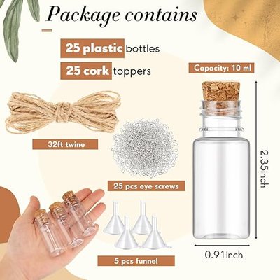 Bokon 25set 10ml Mini Plastic Bottles with Corks Stoppers Eye Screws Funnels Small Potion Bottles Tiny Clear Sand Art Jar Wishing Vial for Birthday Party DIY Crafts Gift