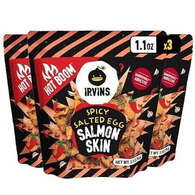IRVINS Hot Boom Spicy Salted Egg Salmon Skin Chips & Crisps – Premium Hand Cooked, Halal, Keto-Friendly, High Protein Snack, Dangerously Addictive, Real Salted Egg, Spicy, (3.3 oz, Pack of 3)