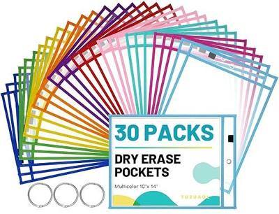 30 Packs Oversized Reusable Dry Erase Pocket Sleeves 10x14 Ticket Holders Clear Plastic Sheet Protectors for Teacher School Classroom (Multicolor)