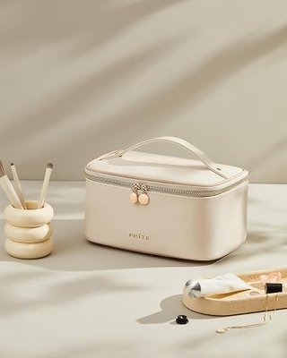 Prite Makeup Bag, Large Capacity Cosmetic Bag for Women and Girls, Waterproof PU Leather Travel Makeup Case, Toiletry Organizer with Handle and Divider for Skincare and Brushes - Beige