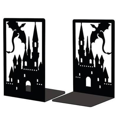 Peacoblue 4.7"x3.5"x7" Metal Bookends, Heavy Duty Book Ends for Shelves | Dragon Castle Theme Cast Iron Book Supports, 1 Pair Decor Stoppers for Desk, Library, Office & Home Shelves