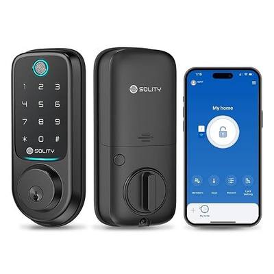 Solity No-Hub Smart Digital Door Lock, 5 in 1 Keyless Entry, Fingerprint, Wi-Fi, Remote Control, Touchscreen Keypad,Auto Lock, IP54 Waterproof (Matt Black, Biometric, GT10BK_MB)
