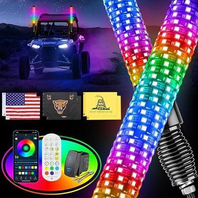 Ehaho 2PCS 2FT Fat Whip Lights for UTV ATV with Spring Base, Led Fatty Whip Light W/Rocker Switch & 6 Flags, Brighter Spiral Chasing Lighted Antenna Whip with APP & Remote Control for RZR SXS Can-Am