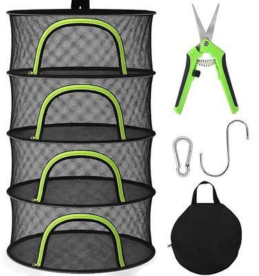 Herb Drying Rack Hanging Mesh 4 Layer 18" with Zipper, Garden Pruning Shear, Hook & Carabiner Clip for Drying Herbs, Plants, Seeds, Buds | Hydroponics & Grow Tents Herb Dryer Hanging Rack