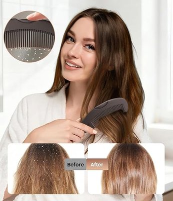 Dandruff Comb Removal 2PC Hollow Fine Tooth Scalp Detox Hair Care Tool | Build Up Flake Lice Comb, 0.5 & 2mm Stainless Steel Teeth, Self Cleaning, Button Release, Scalp Massage Handle, Women Men Kid