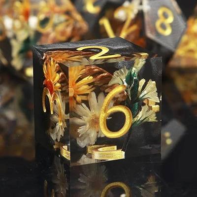 Haxtec Flower DND Dice Set Sharp Edge Resin Polyhedral Dice, Floral D&D Dice with Metal Case, Handmade Flower Inside Dice Set for Dungeons and Dragons TTRPG, Winter Black DND Gift
