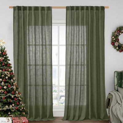 LAMIT Light Filtering Linen Curtains 63 inches Long for Bedroom, Linen Textured Semi Sheer Back Tab and Rod Pocket Boho Drapes for Living Room, Cream, 2 Panels, 60 x 63 Inch