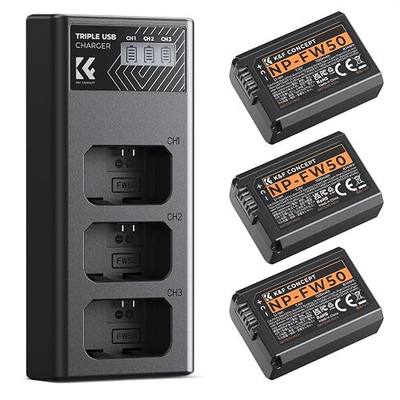 K&F CONCEPT 3-Pack NP-FW50 Battery & 3-Slot Charger for Sony Alpha | Compatible with Sony A6400 A6000 A6300 A6500 A5000 A5100 A7 A7II A7R A7RII A7S A7SII RX10 II-IV, Upgraded 3-slot charger