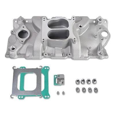 2101 52001 Dual Plane Intake Manifold for SBC 305 350 V8 Silver | Compatible with Chevy Small Block 262-400 V8 1955-1986 carb engine rated up to 5,500 RPM street performance