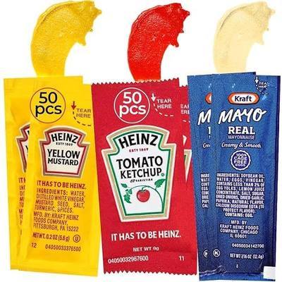 Bulk Condiment Packets Variety Pack 150-Count - 50 Single Serve Packs of Each: Ketchup, Mayonnaise and Mustard Packets - Individual Travel Condiments for BBQ, Picnic, Events