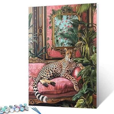 Cheetah Paint by Numbers Boho Paint by Numbers Kits Children,Jungle Painting Art Craft on Canvas Suitable for Home Green Leaves Wall Decor Without Framed 16''W x 20''H
