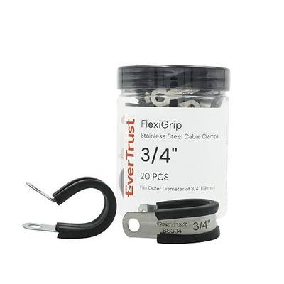 Flexigrip Stainless Steel Cable Clamps 3/4". 304 Stainless Steel with Ribbed Rubber Lining. Suitable for garden, automobile, garage, home, kitchen. Fits 3/4" or 19mm OD. (20 pcs)