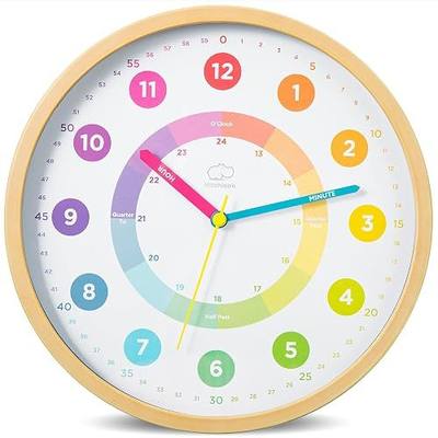 LittleHippo Learning Wall Clock for Kids for Classroom, Bedrooms, Nursery, Playroom - Kid's Analog, Silent, Non-Ticking Clock for Teaching to Tell Time, Study to Learn to Tell Time