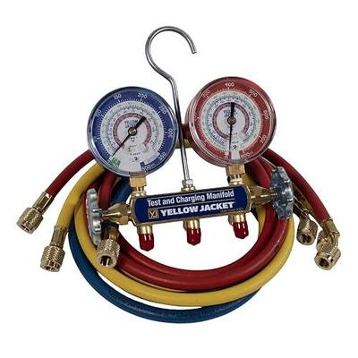Yellow Jacket 42036 2-Valve Series 41 A2L Manifold, (psi °F) R32/454B/410A, 3-1/8" Gauges (60" Plus II R/Y/B Hoses)