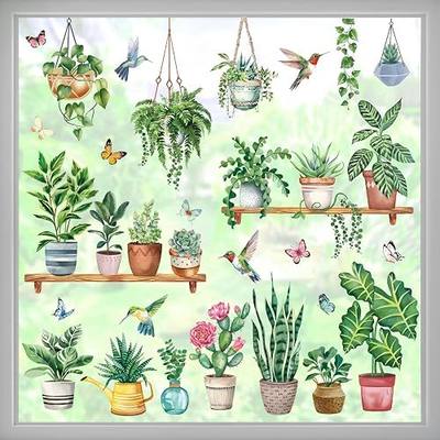 wondever Hanging Green Potted Plant Window Clings Tropical Botanical Cactus Bird Glass Sticker Decal Anti Collision Double-Side Static Window Stickers for Home Glass Window