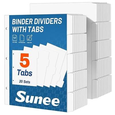 SUNEE Binder Dividers with Tabs for 3 Ring Binder, 8.5 x 11 Paper White Binder Dividers Blank with 5 Tabs, 20 Sets Page Dividers for School, Office and Home, 100 Dividers