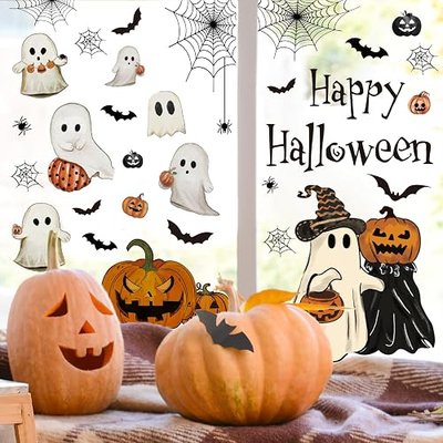 Whaline 6 Sheets Halloween Window Clings Vintage Ghost Evil Pumpkin Bat Reusable Window Decals for Halloween Fall Party Supplies Home Glass Decor