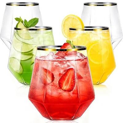 Maaacute 40 Pcak Plastic Stemless Wine cocktail Whiskey Champagne Glasses, 12 Oz Gold Rim Disposable Clear Unbreakable Cups for Party Bars Wedding Tasting (Diamond-shaped)