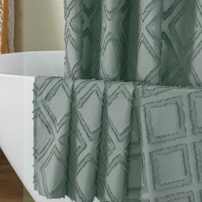 OWENIE White Shower Curtain Set, Jacquard Geometric Textured Fabric Boho Shower Curtains for Bathroom, Soft Hotel Style Farmhouse Shower Curtain Grommet Top 12 Hooks, Machine Washable, 72x72, White