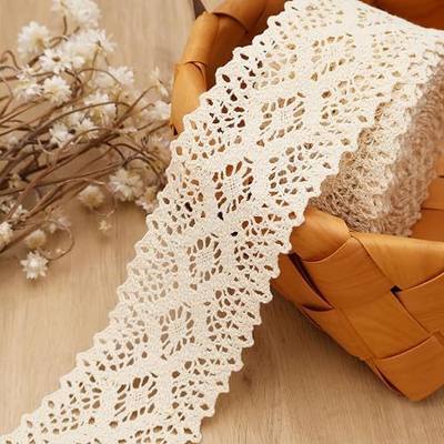 Beige Cotton lace Trim Crochet lace Ribbon for DIY Sewing (2 Inch) | Premium soft cotton crochet lace ribbon. Non-fraying, easy to sew or glue. Ideal for junk journals, crafts, and DIY clothing