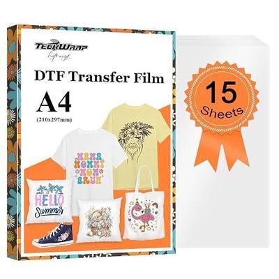 TECKWRAP DTF Transfer Film - 15 Sheets A4 8.3" x 11.7" Matte PET DTF Film Heat Transfer Paper for Direct-to-Film Print on T-Shirts Textile Work with DTF Printers,Sublimation Hack, Epson Printer