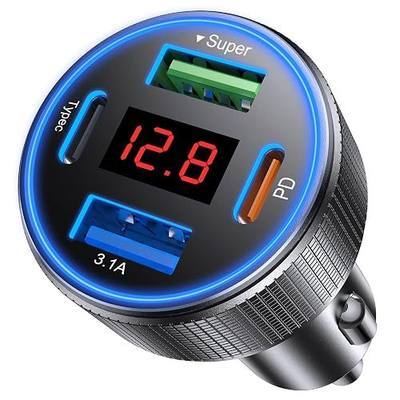 Car Charger USB C Fast Charge, 4 Port 78W Metal Car Phone Charger with Voltmeter, 2 USB-C & 2 USB-A Cigarette Lighter USB Charger Adapter for iPhone 17 16 15 Pro Max, Galaxy S26 S25, iPad