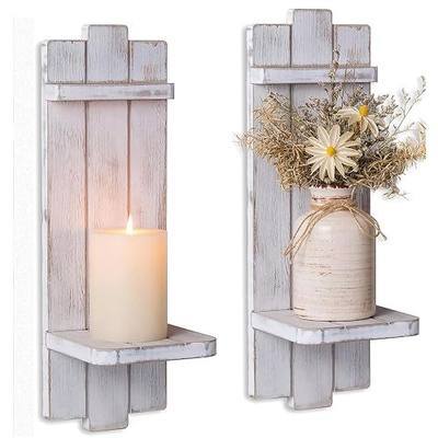 Whitewashed Wood Candle Sconces Wall Decor Set of 2 | Distressed Wall Candle Holders, Display Shelf for Pillar Candles, Plants or Small Decor, Easy Wall Mount