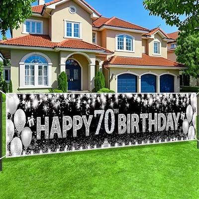 Black Silver 70th Birthday Decorations - 118 Inch Happy Birthday Banner, Party Decorations Yard Sign with 20 Feet Rope, Indoor/Outdoor Decor