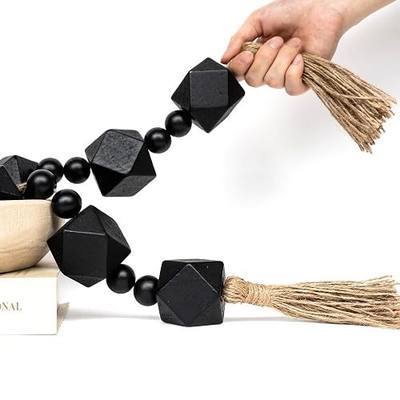 Extra Large Wood Bead Garland with 2" Diameter Geometric Wooden Beads, Wooden Beads Garland with Tassels, Decorative Beads for Farmhouse Decor (Black, 35 Inches)