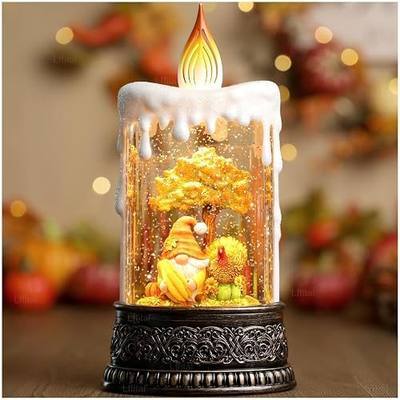 Fall Snow Globe Lantern Fall Decor Candle Shape with Gnome and Turkey, Lighted Thanksgiving Decorations with Timer Swirling Glitter for Tabletop Autumn Festival Harvest Day