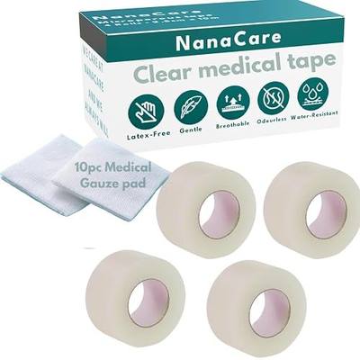 NanaCare Clear Medical Tape Waterproof, 4 Rolls - 1 inch x 10 yds + 10 pc Gauze Pads - Hypoallergenic Surgical Tape Skin Parent