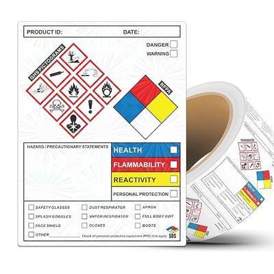 SDS OSHA Data Labels 4 x 3 Inches, Roll of 250 Stickers for Chemical Safety, GHS Pictograms & Perforated Edges, HMIS & Hazard Compliant, Secondary Containers