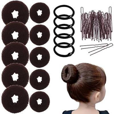 10 Pcs Hair Bun Maker - Donut Bun Maker for Hair(5 medium and 5 small),Ballet Bun for Women and Kids with Elastic Hair Ties, Hair Pins(Brown)