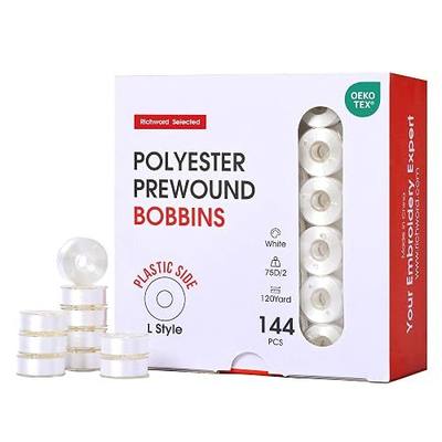 Poolin Prewound Bobbins, Richword Selected Plastic Sided, 144pcs Size L(SA155), 75D/2(60WT) Polyester Bobbin Thread for Commercial Multi Needles Embroidery Machine, White 110 Yards