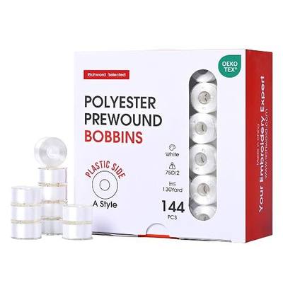 Poolin Prewound Bobbins Richword Selected 144pcs, Size A (Class 15 / SA156), 75D Polyester Bobbin Thread, Plastic Sided, for Single Needle Embroidery & Sewing Machines, White