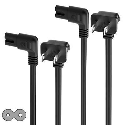 Angled 2-Slot Non-Polarized Angle Power Cord 2 FT (2-Pack), 90 Degree L-Shaped TV Power Cord, IEC320 C7 to NEMA 1-15P, 2 Prong Replacement Cable, Figure 8, Black, 2 Pack