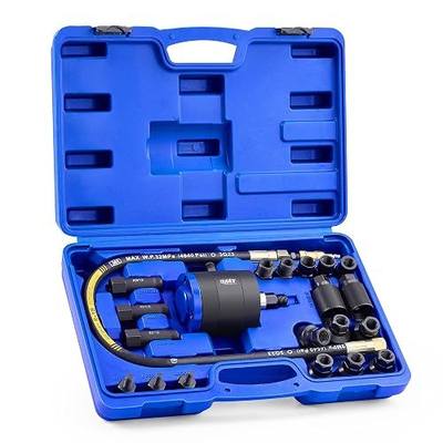 Orion Motor Tech OMT Pneumatic Injector Puller Set for Diesel Engines | 23 pcs 5-8 Bar Air Vibration Injector Removal Tool with Extractor Hammer, 19 Adapters, Extension Hose, and EU US Connectors
