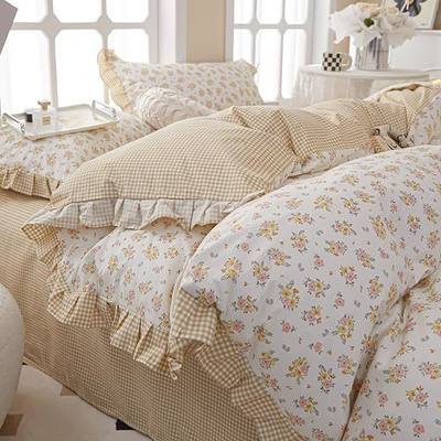EAVD French Garden Style Ruffled Floral Comforter Set Twin XL Fluffy Soft Microfiber Chic Shabby Pink Yellow Floral Bedding Set with 2 Pillowcases Fresh Botanical Comforter Set for All-Season