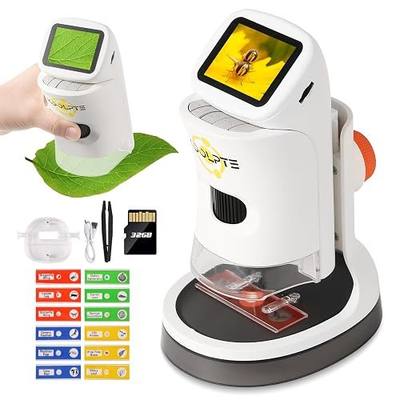 Handheld Digital Microscope for Kids, 1000X, 2.1'' HD LCD Screen | STEM learning toy for ages 8-12; 6 LED lights, slides, 32GB card, photo/video capture, and a gift for boys and girls.