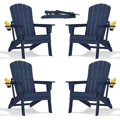 Folding Adirondack Chairs Set of 4, HDPE Cup Holders, NavyBlue | Patent pinless folding design, 380lbs, Extended backrest, Natural Wood Look, maintenance-free, All-Weather, Quick setup