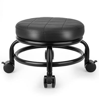 Low Roller Stool Low Height Rolling Stool Seat PU Leather Small Chair Foot Stool Round Rolling Stools for Home Office Garage Shop (Black)