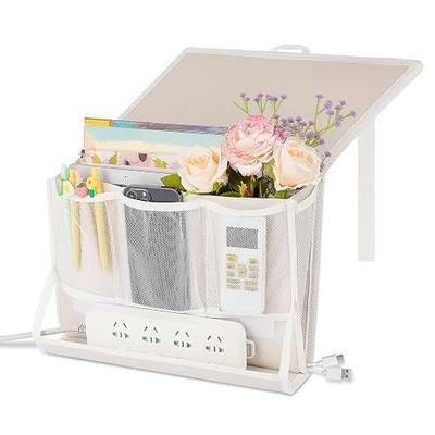 Bedside Caddy Organizer for Dorm Bed Rails with 7 Pockets, White | Bed Pockets Bedside Storage with Power Strip Holder & 2 Adjustable Straps for Home, College, Dorm, Hospital Bedside Organizer