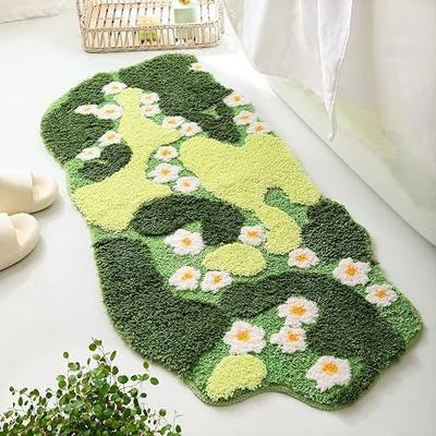 YIKUSH Bathroom Rugs Green Bath Mat Cute Moss Rug with Small White Flowers Non Slip Door Mat for Bedroom and Kitchen Soft Washable Rug Floral Bath Mats (43x20 inch)
