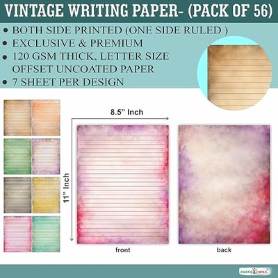 PARTH IMPEX 56 Sheets Vintage Lined Writing Paper 8.5x11 - Letter Size | Ruled Stationery Rustic Old Looking Letterhead Printer Paper - 120gsm Thick Uncoated Decorative Colored Antique Aged Design
