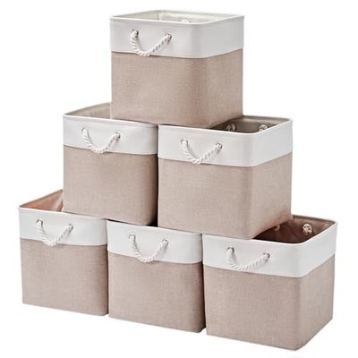 13 x 13 Inch Storage Cubes,6 Pack Cube Storage Bins for Shelves,Fabric Collapsible Storage Bins with Handles, Foldable Storage Basket for Organizing Clothes, Toys, Books (White&Beige)